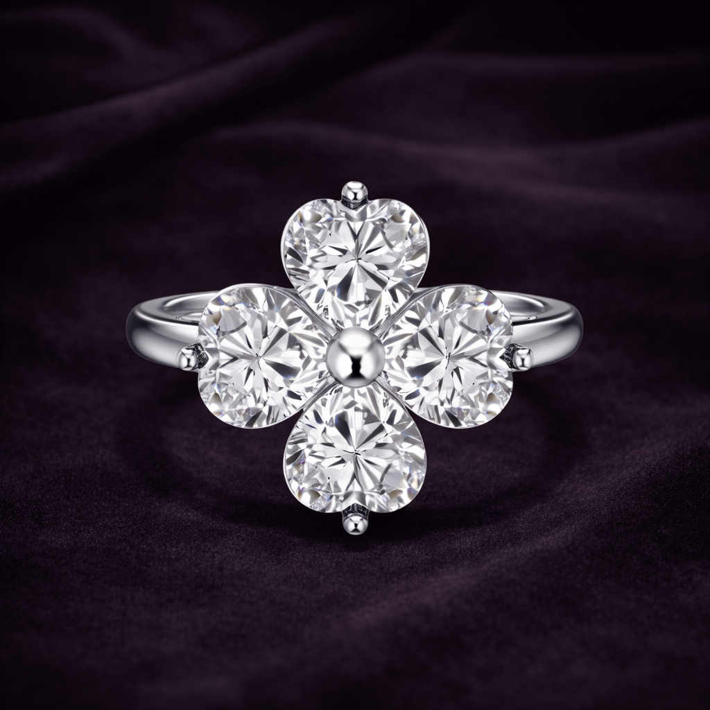 Four Heart-Shaped Leaf Ring - Crystal