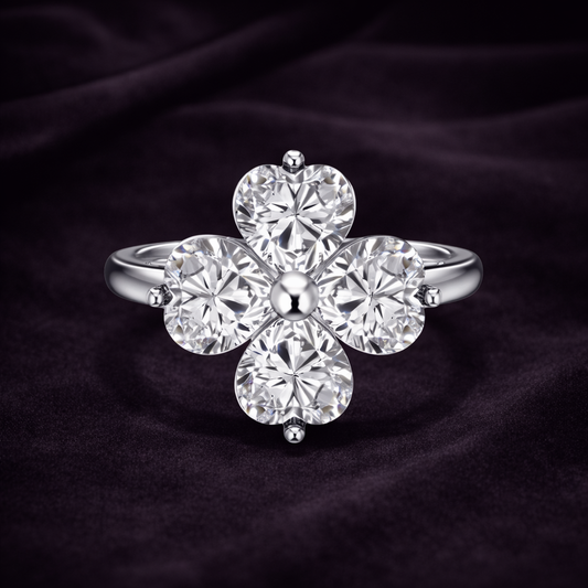 Four Heart-Shaped Leaf Ring - Crystal