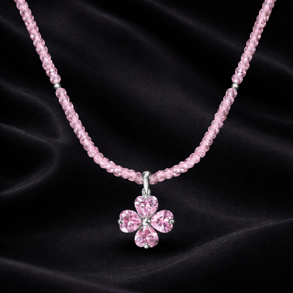 Pink Four-Leaf Pendant Beaded Necklace