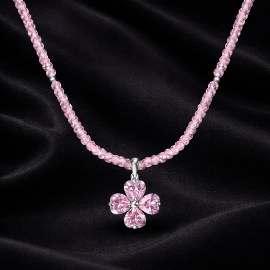 Pink Four-Leaf Pendant Beaded Necklace