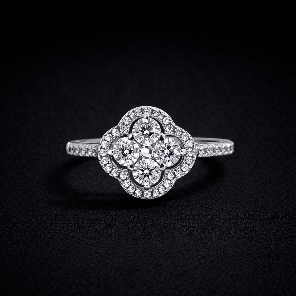 White Crystal Clover Ring