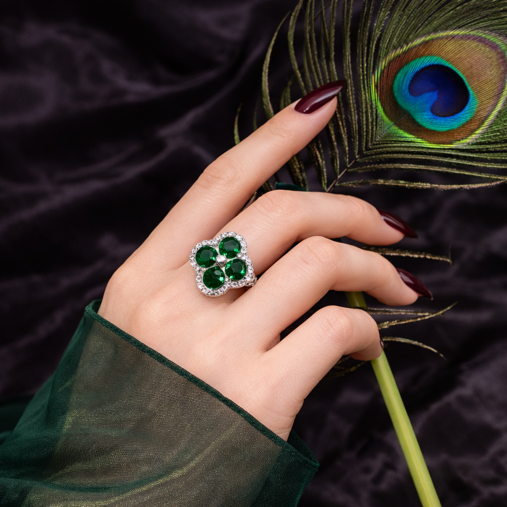 Green Stone Clover Ring