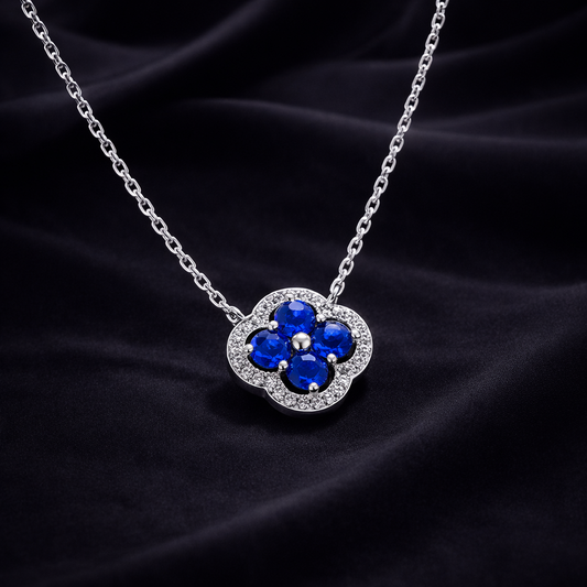 Round Cut Clover Necklace - Blue