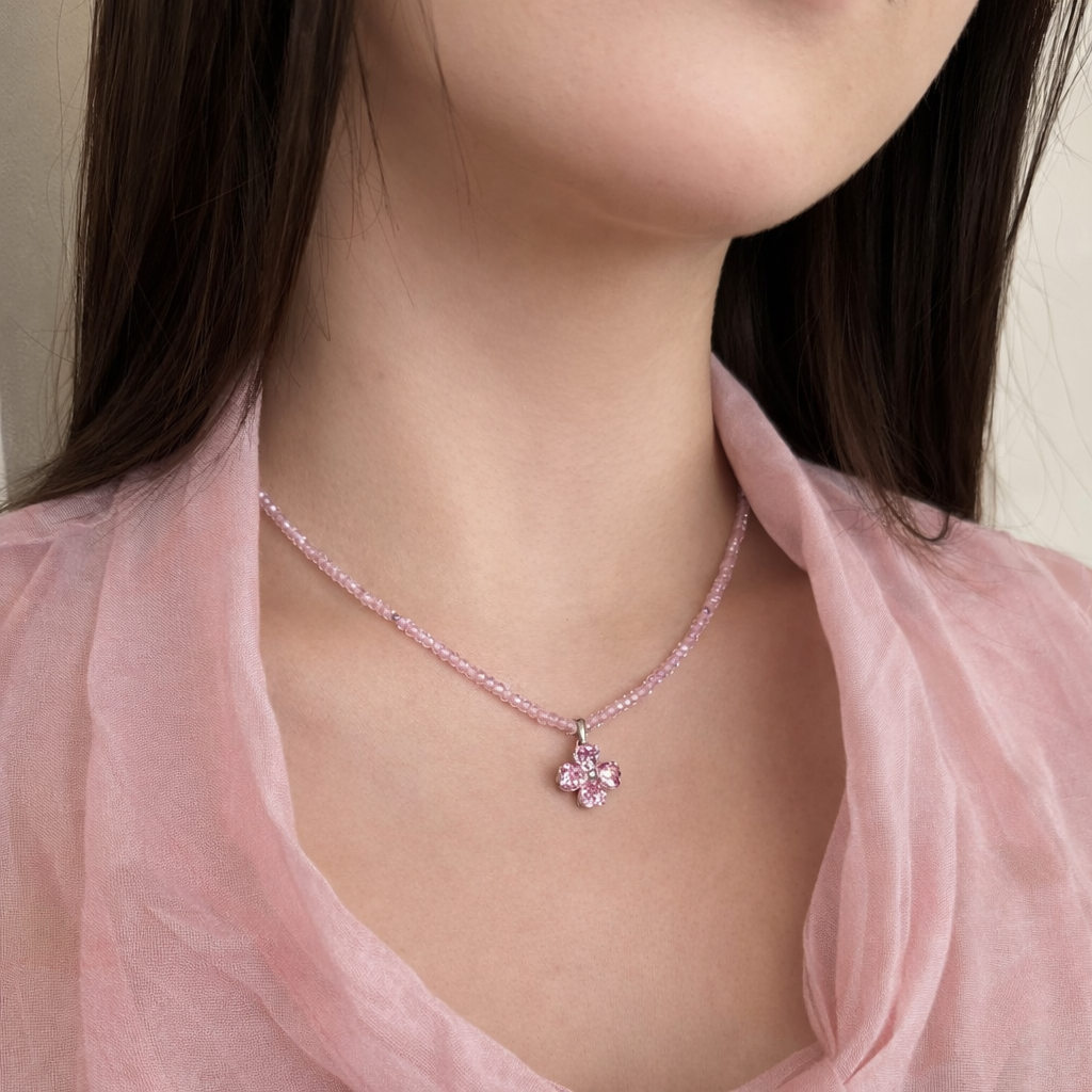 Pink Four-Leaf Pendant Beaded Necklace