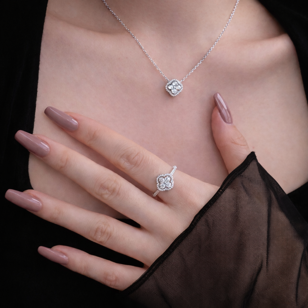 White Crystal Clover Ring